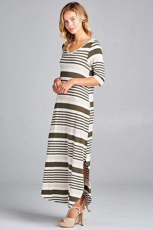 ENGINEERING STRIPE SIDE POCKET V NECK MAXI DRESS