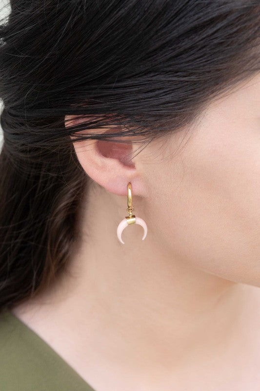 Double Horn Pink Hoop Earrings - 14K