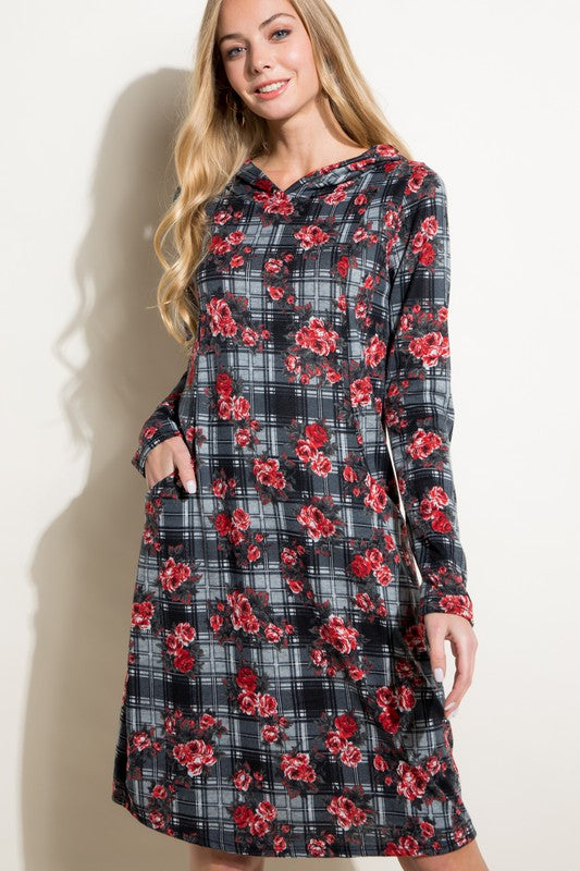 FLORAL PLAID PRINT SIDE POCKET HOODIE MINI DRESS