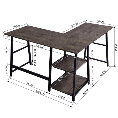 43.5"W X 27.6" D L-Shaped Corner Computer Desk with Open Shelves, Vintage Brown