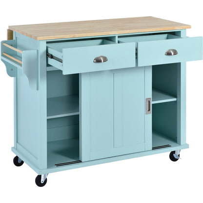 K&K Kitchen Cart with Rubber wood Drop-Leaf Countertop, Concealed sliding barn door adjustable height,Kitchen Island on 4 Wheels with Storage Cabinet and 2 Drawers,L52.2xW30.5xH36.6 inch, Mint Green