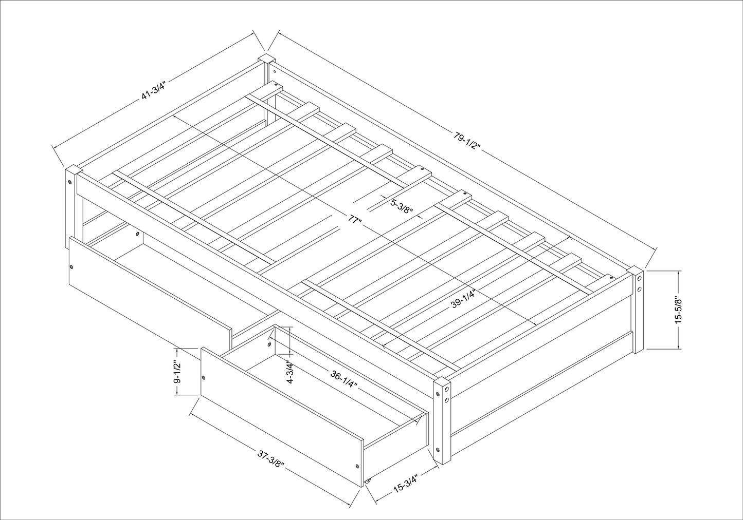 Twin Bed with 2 Drawers, Solid Wood, No Box Spring Needed ，White