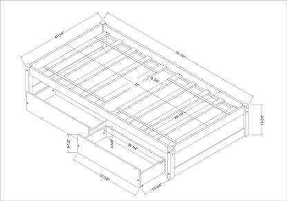 Twin Bed with 2 Drawers, Solid Wood, No Box Spring Needed ，White