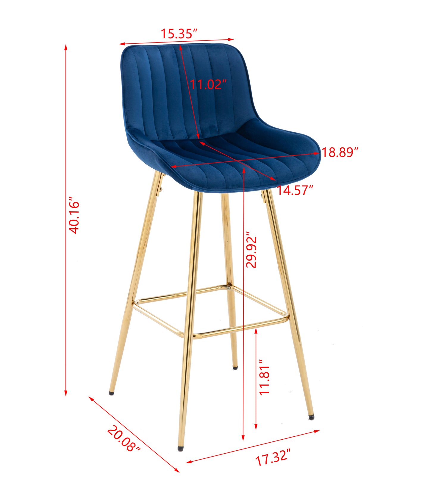 30 inch Set of 2 Bar Stools,with Chrome Footrest Velvet Fabric Counter Stool Golden Leg Simple High Bar Stool,BLUE