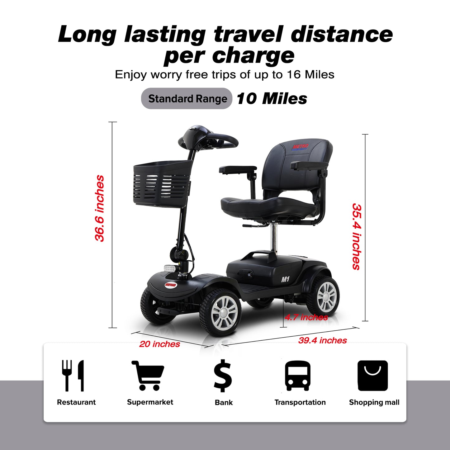 Four wheels Compact Travel Mobility Scooter with 300W Motor for Adult-300lbs, Gloss Black