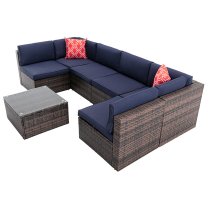 7Pcs Outdoor Garden Patio Furniture  PE Rattan Wicker  Sectional Cushioned Sofa Sets with 2 Pillows and Coffee Table