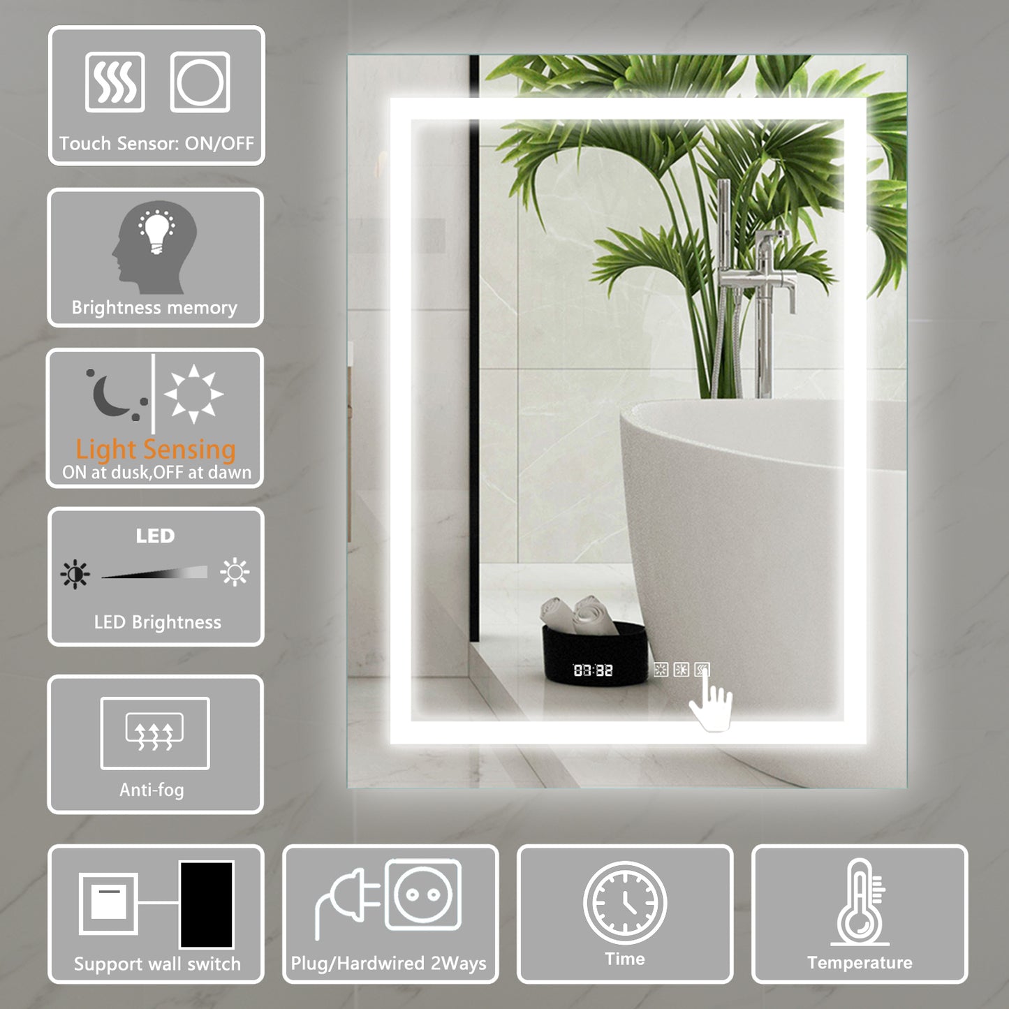 LED Bathroom Vanity Mirror, 36 x 28 inch, Anti Fog, Night Light, Time,Temperature,Dimmable,Color Temper 3000K-6400K,90+ CRI,Vertical Wall Mounted Only