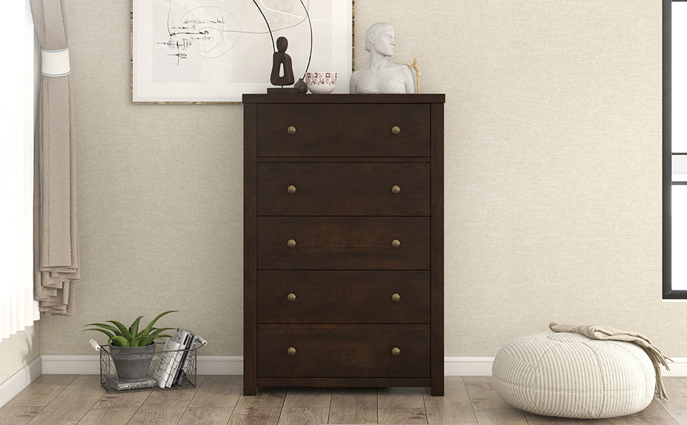 Vintage Aesthetic 5 Drawers Solid Wood Chest in Rich Brown (Chest of Freely Configurable Bedroom Sets)