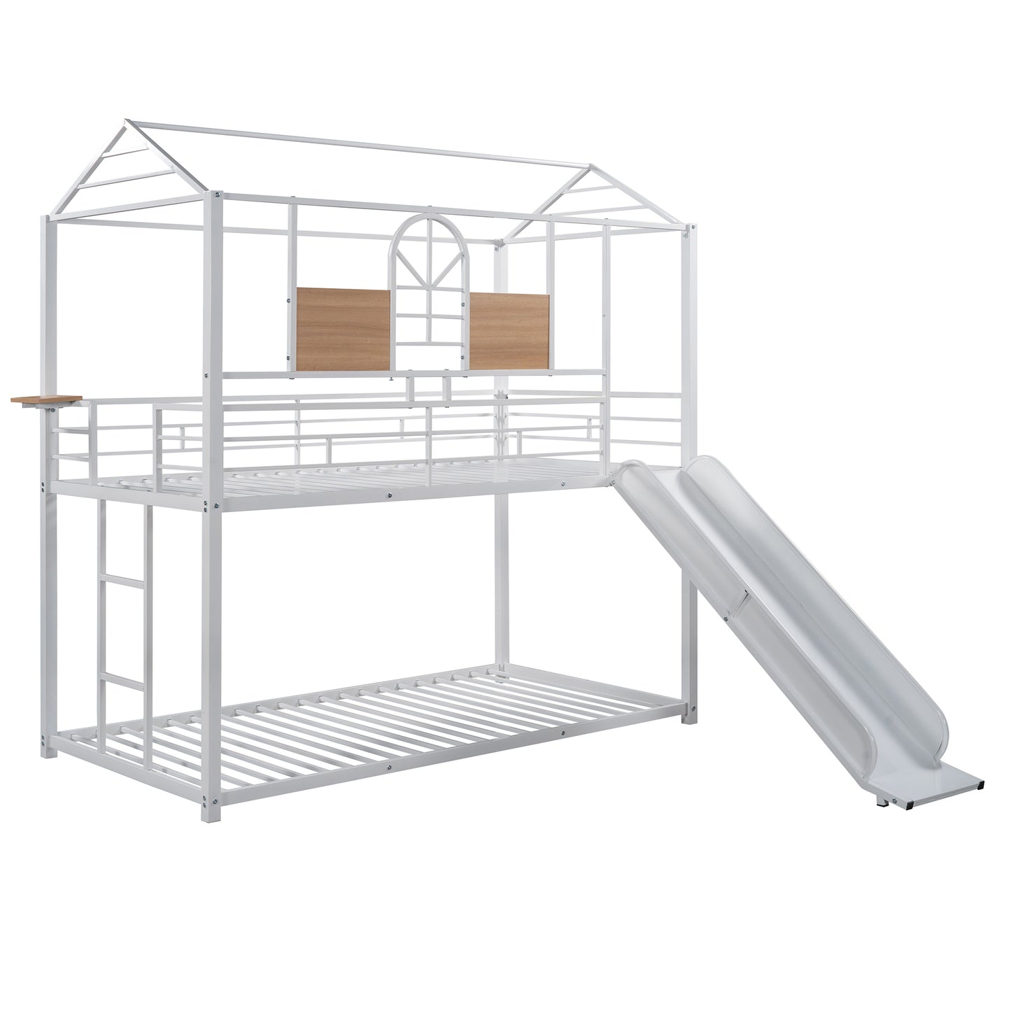 Twin Over Twin Metal Bunk Bed ,Metal Housebed With Slide,Three Colors Available.(White with White  Slide)(OLD SKU :LP000095AAK)