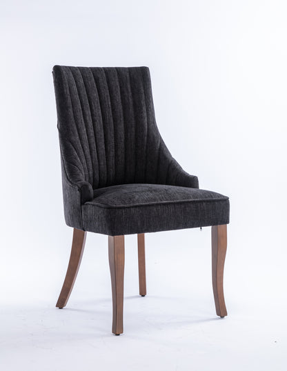 Exquisite Black Linen Fabric Upholstered Strip Back Dining Chair with Solid Wood Legs 2 Pcs