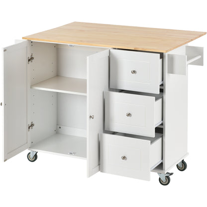 Rolling Mobile Kitchen Island with Solid Wood Top and Locking Wheels，52.7 Inch Width，Storage Cabinet and Drop Leaf Breakfast Bar，Spice Rack, Towel Rack & Drawer （White）