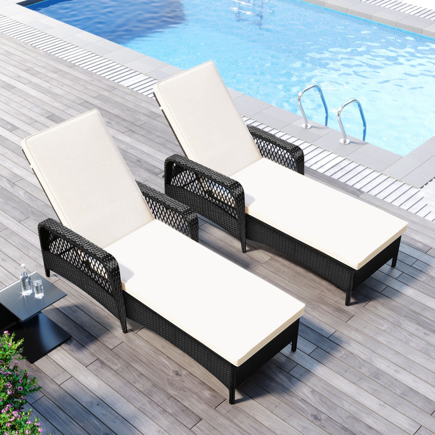 GO Outdoor patio pool PE rattan wicker chair wicker sun lounger, Adjustable backrest, beige cushion, Black wicker (2 sets)