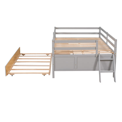 Low Loft Bed Full Size with Full Safety Fence, Climbing ladder, Storage Drawers and Trundle Gray Solid Wood Bed