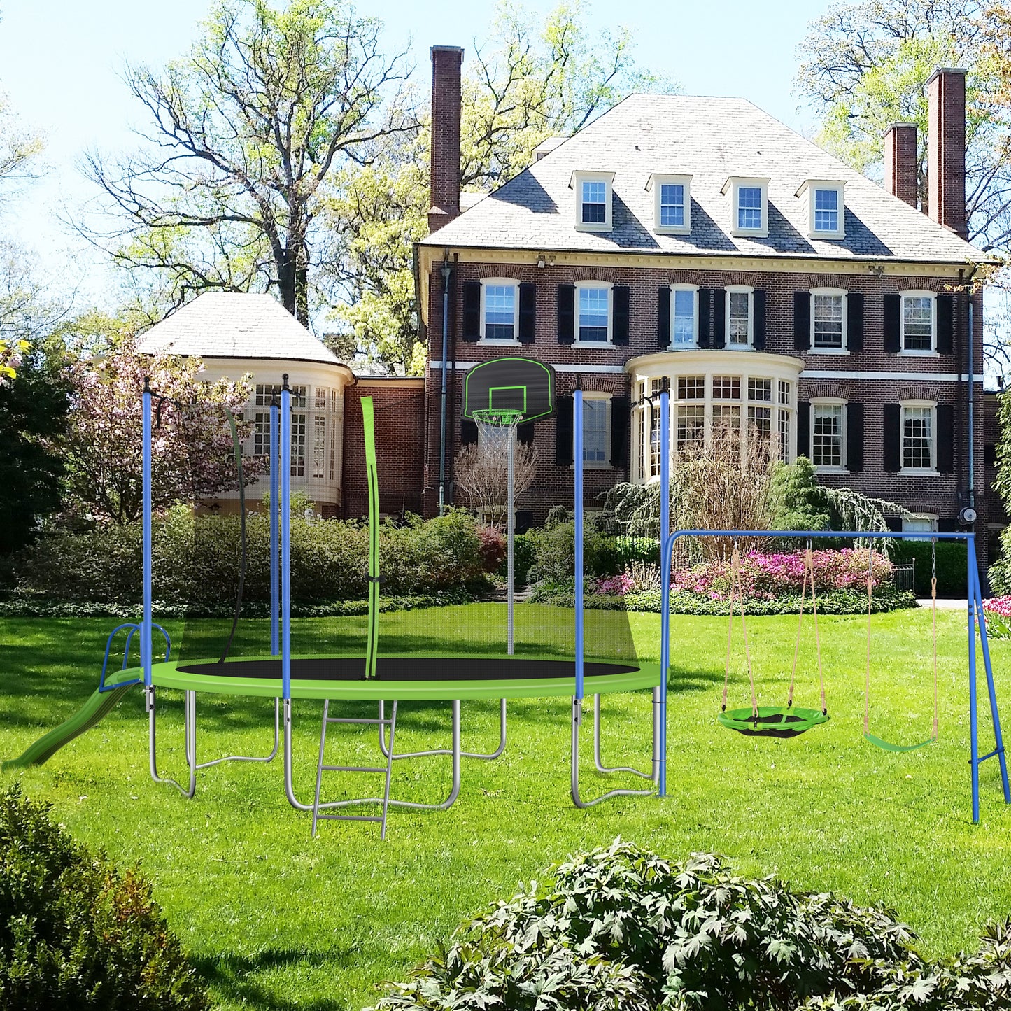 14FT TRAMPOLINE WITH SWING-METAL WITH SLIDE