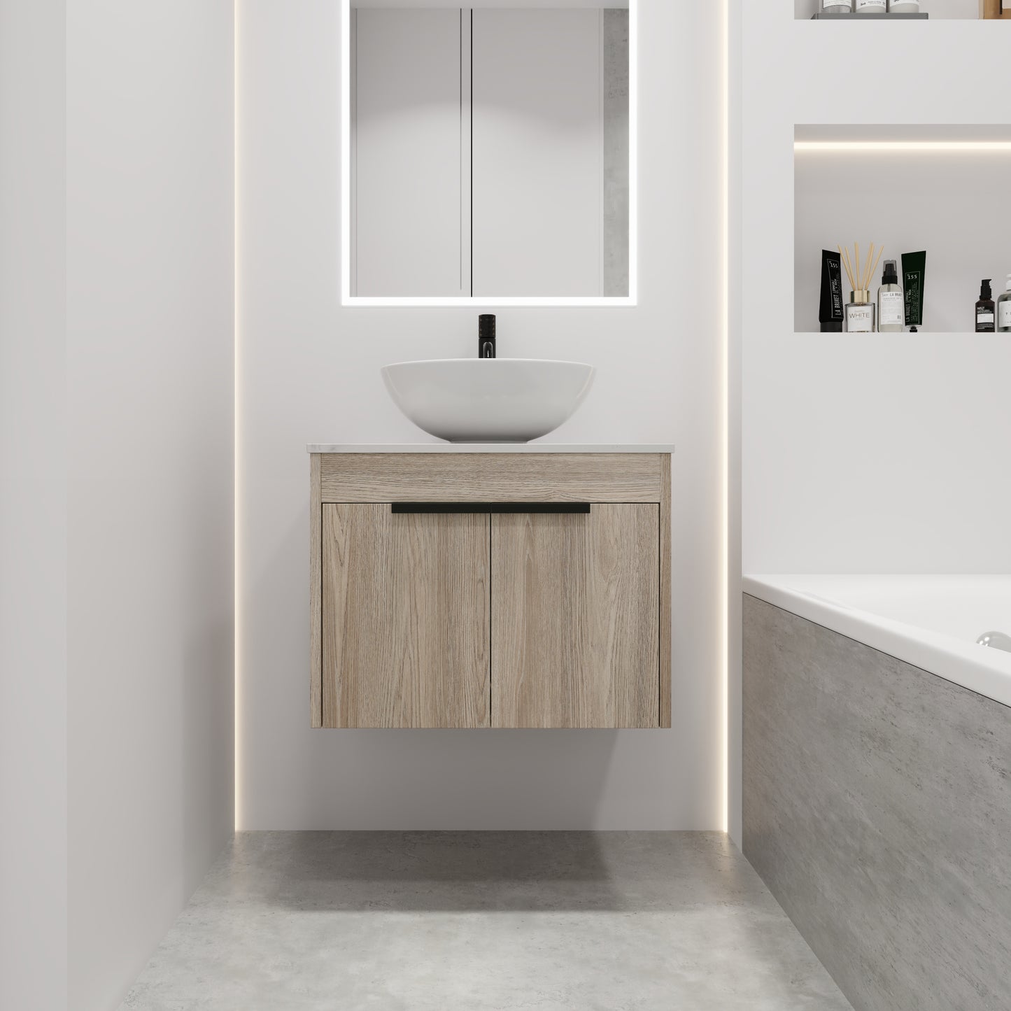 24 " Modern Design Float Bathroom Vanity With Ceramic Basin Set,  Wall Mounted White Oak Vanity  With Soft Close Door,KD-Packing，KD-Packing，2 Pieces Parcel（TOP-BAB321MOWH）