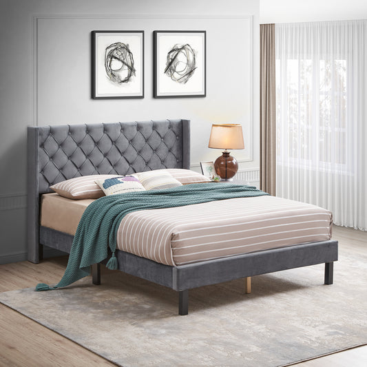 Velvet Button Tufted-Upholstered Bed with Wings Design - Strong Wood Slat Support - Easy Assembly - Gray, Queen, platform bed