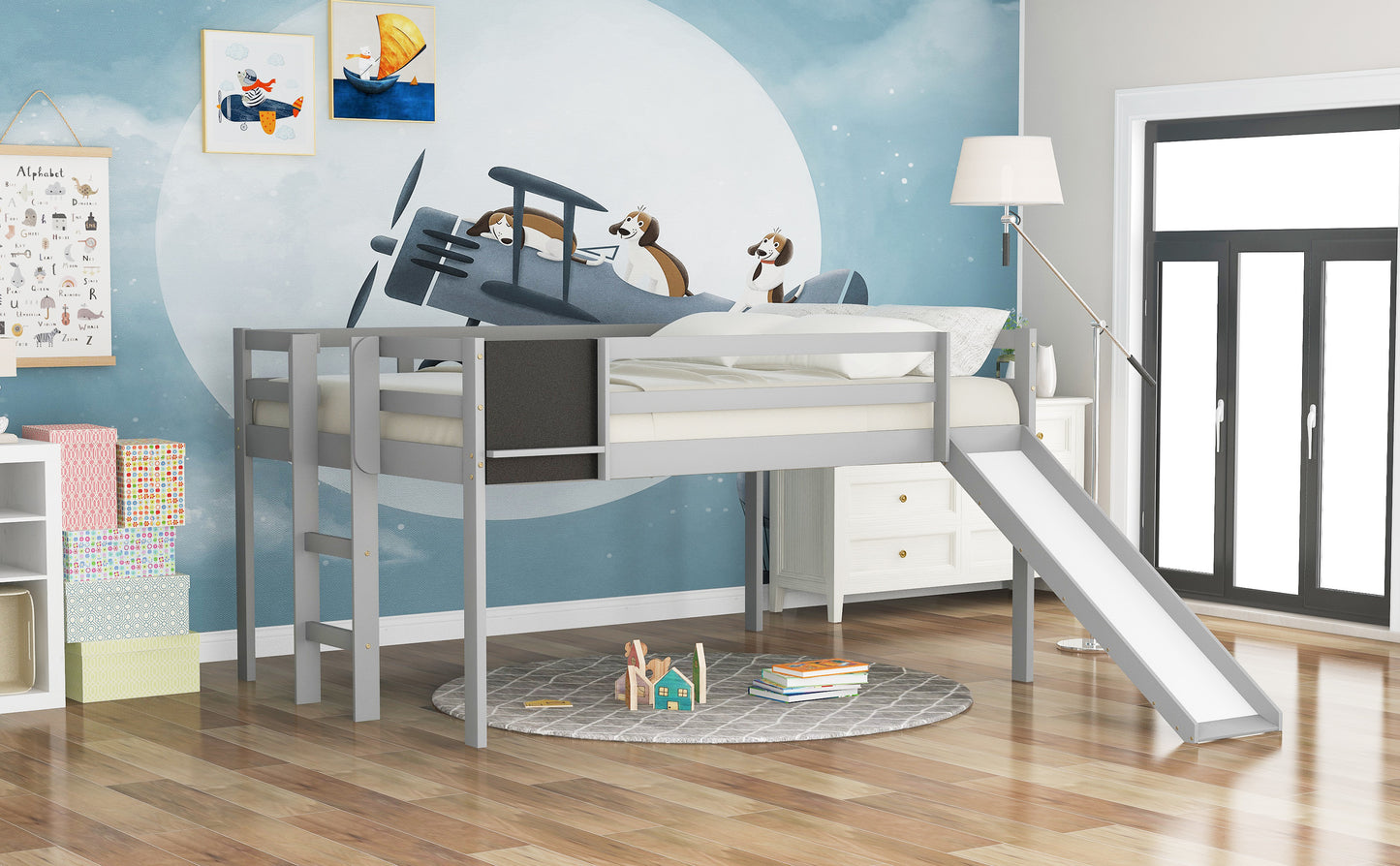 Full size Loft Bed Wood Bed with Slide, Stair and Chalkboard,Gray（Old SKU:WF282116AAE）