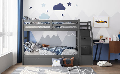 Twin-Over-Twin Bunk Bed with Twin Size Trundle and 3 Storage Stairs (Gray)