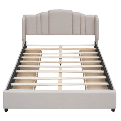 Upholstered Platform Bed with Wingback Headboard and 4 Drawers, No Box Spring Needed, Linen Fabric, Queen Size Beige