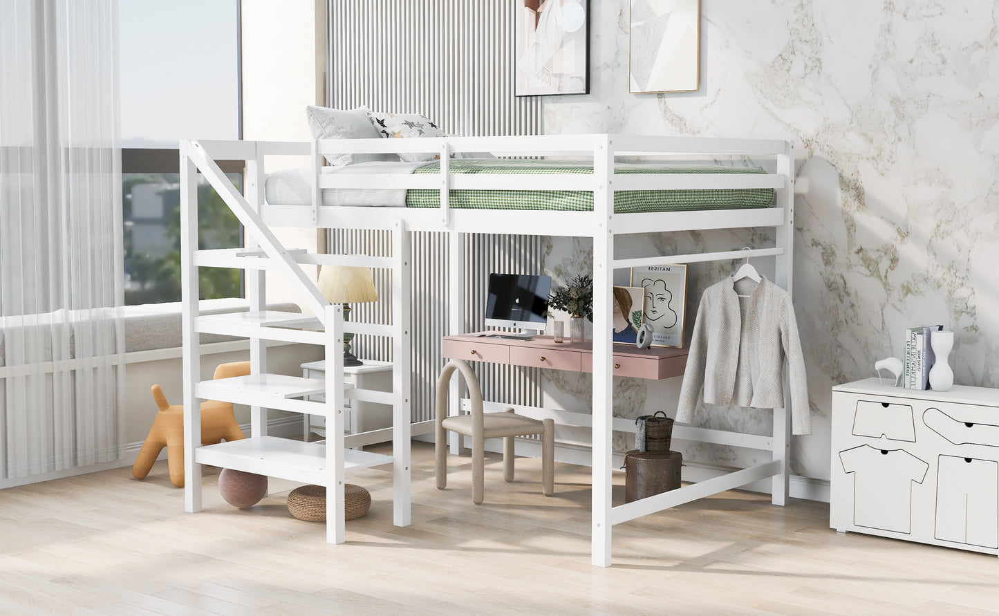 Full Size Loft Bed with Built-in Storage Staircase and Hanger for Clothes,White