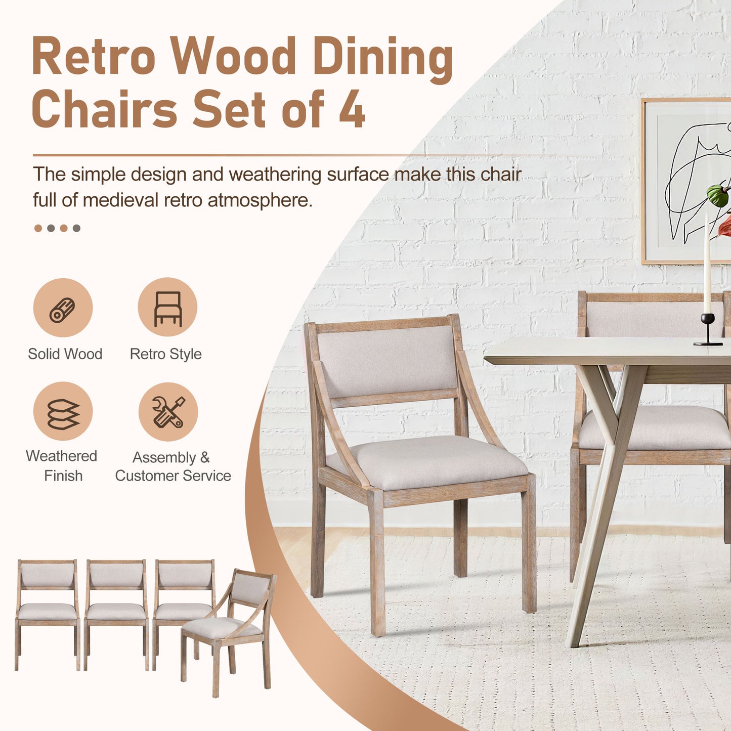 TREXM Retro Wood Dining Chairs Set of 4, Upholstered Chairs with Solid Wood Legs and Frame for Kitchen, Living Room, Dining Room (Natural Wood Wash)