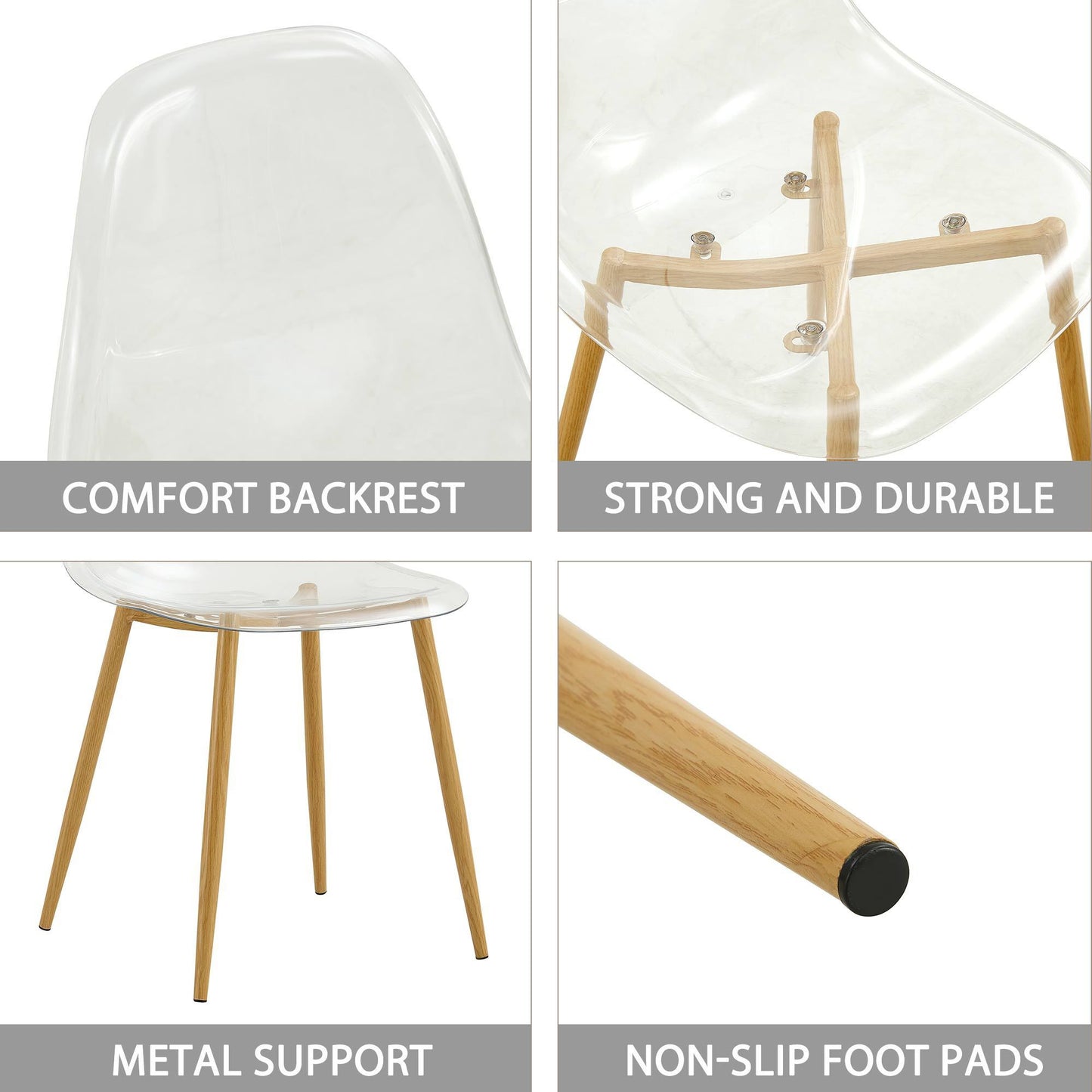 Modern simple transparent dining chair plastic chair armless crystal chair Nordic creative makeup stool negotiation chair Set of 4 and wood color metal leg