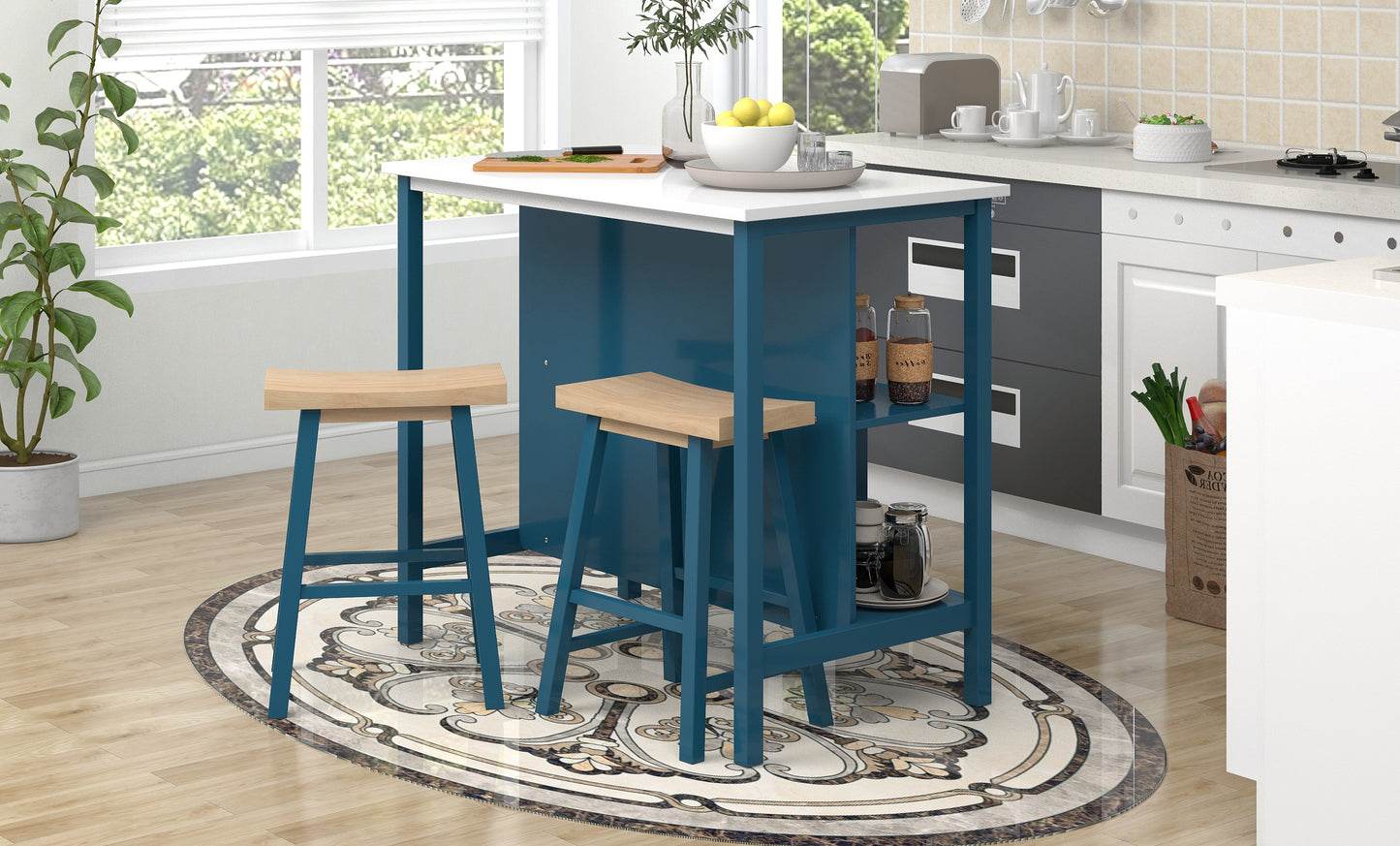 TOPMAX Farmhouse 3-piece Wood Stationary Kitchen Island Set with 2 Seatings, Dining Table Set with  Shelves and Wine Rack for Small Places,Blue Frame+White Top