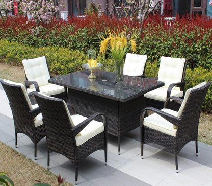 Patio 7-Piece Rectangular Dining Set with 6 Dining Chairs (Brown &Beige Cushion )