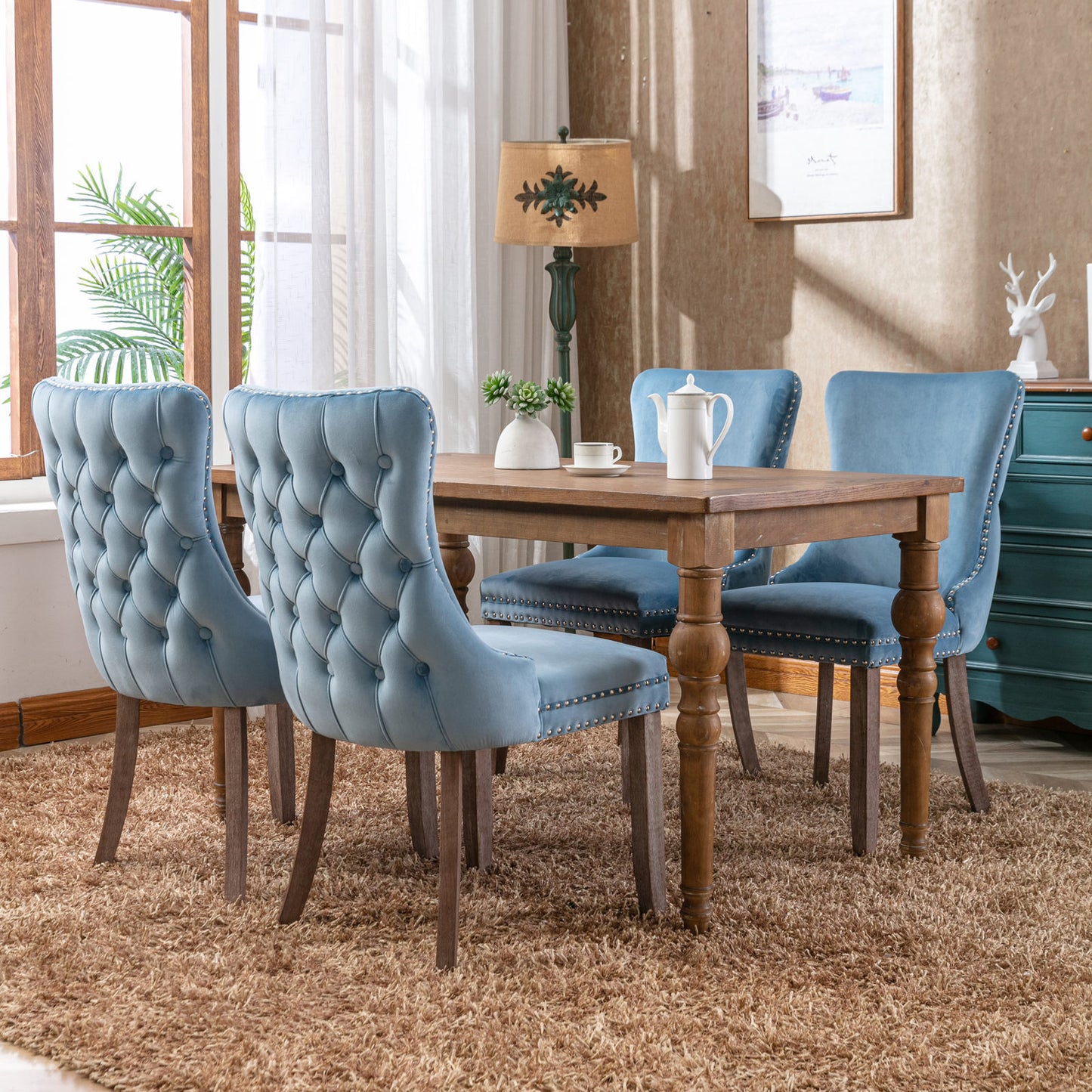 A&A Furniture,Upholstered Wing-Back Dining Chair with Backstitching Nailhead Trim and Solid Wood Legs,Set of 2, Light Blue,8809LB, KD