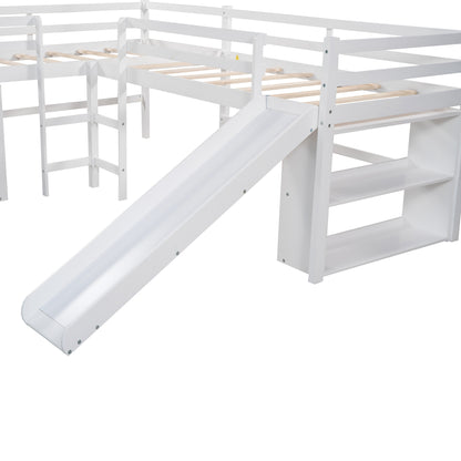 Twin Size L-Shaped Loft Bed with Movable Two-Tier Shelves and Slide,White