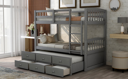 Twin Bunk Bed with Ladder, Safety Rail, Twin Trundle Bed with 3 Drawers for Bedroom, Guest Room Furniture(Gray)(OLD SKU :LP000071AAE)