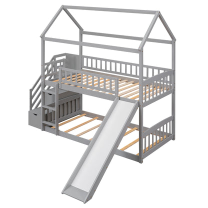 Twin Over Twin Bunk Bed with Drawers and Slide, House Bed with Slide,Gray(OLD SKU :LT000215AAE)