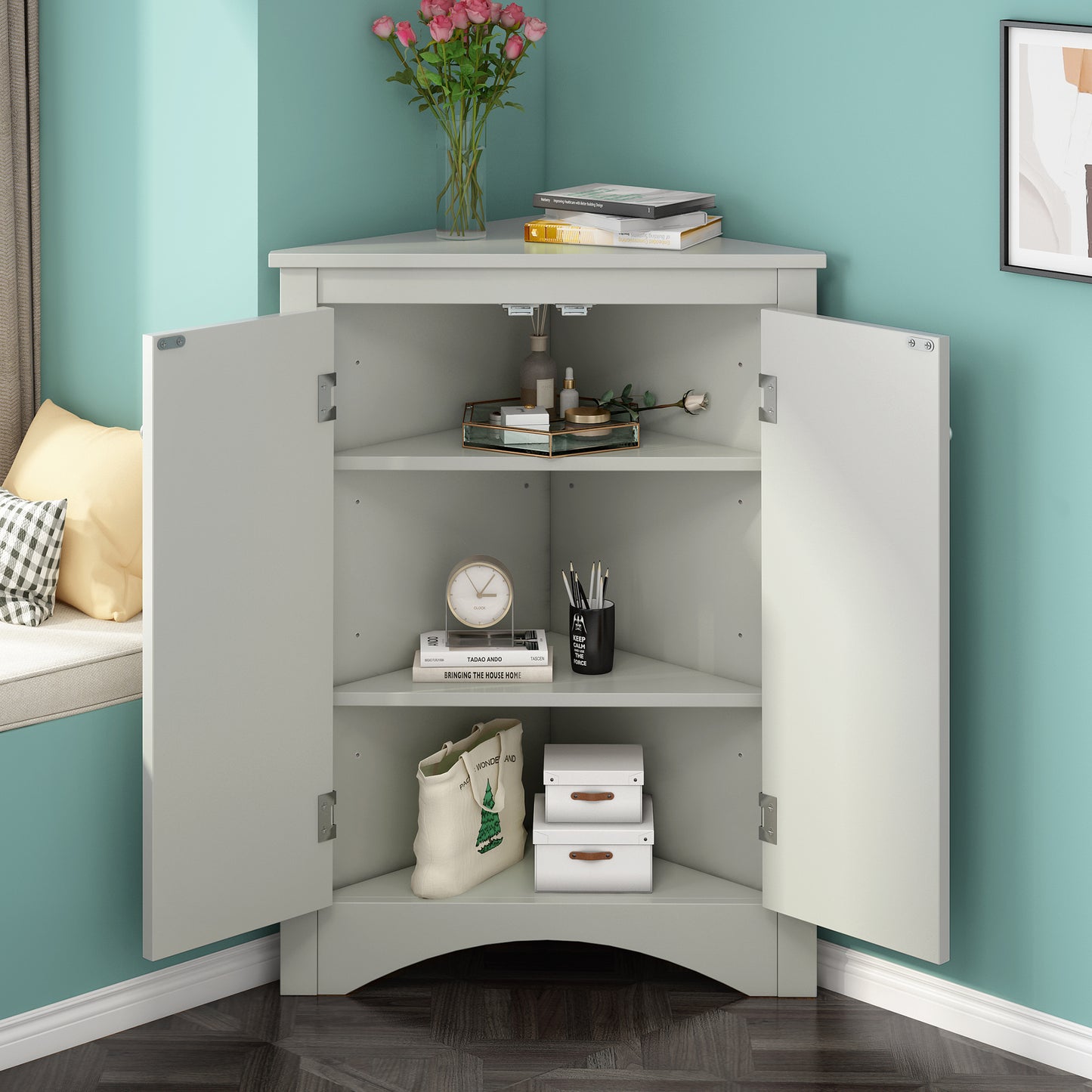 Grey Triangle Bathroom Storage Cabinet with Adjustable Shelves, Freestanding Floor Cabinet for Home Kitchen