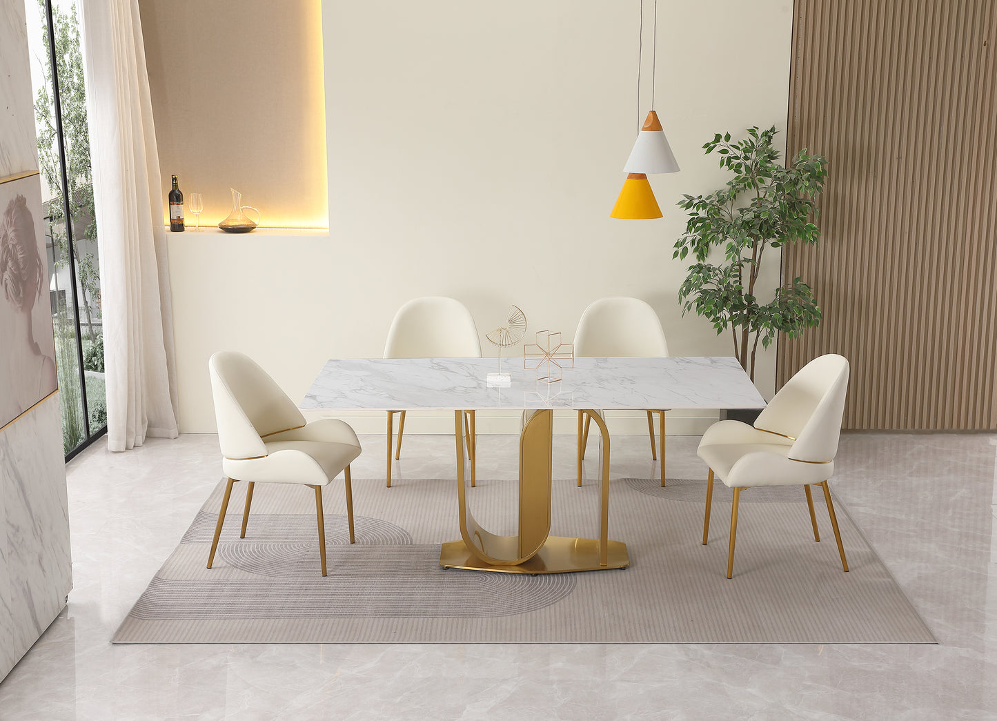 71" Contemporary Dining Table in Gold with Sintered Stone Top and  U shape Pedestal Base in Gold finish