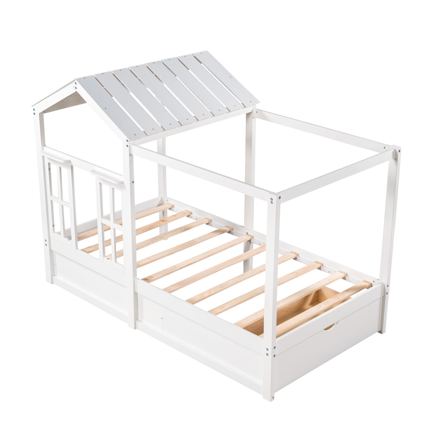 Twin Size House Bed with Roof, Window and Drawer - White