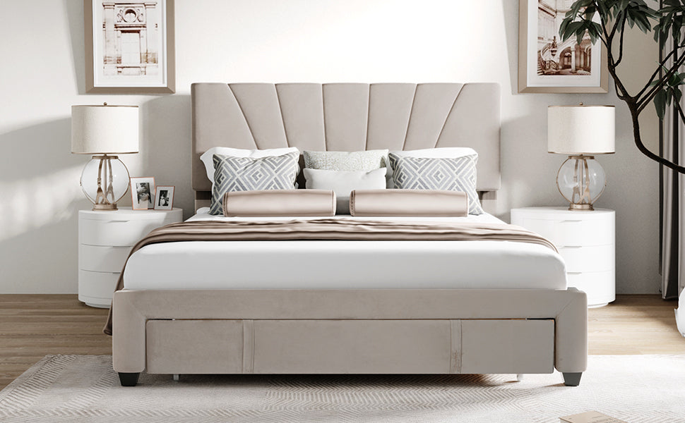 Queen Size Storage Bed Velvet Upholstered Platform Bed with a Big Drawer - Beige