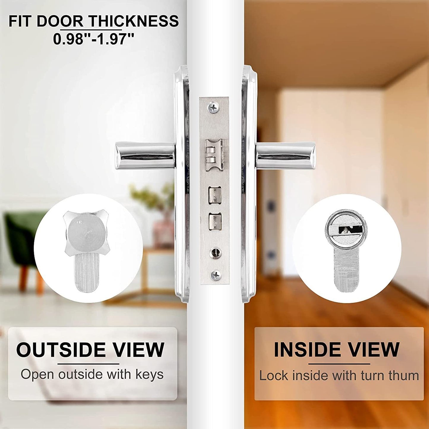 Miibox Privacy Door Lever Knob Lock , Stainless Steel Door Knob with Lock and Key Fit Door Thick 0.98-1.97 inch