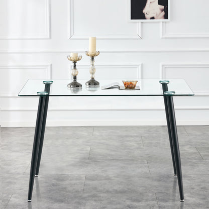 Modern Minimalist Rectangular Glass Dining Table for 4-6 with 0.31" Tempered Glass Tabletop and Black Coating Metal Legs, Writing Table Desk, for Kitchen Dining Living Room, 47" W x 31"D x 30" H