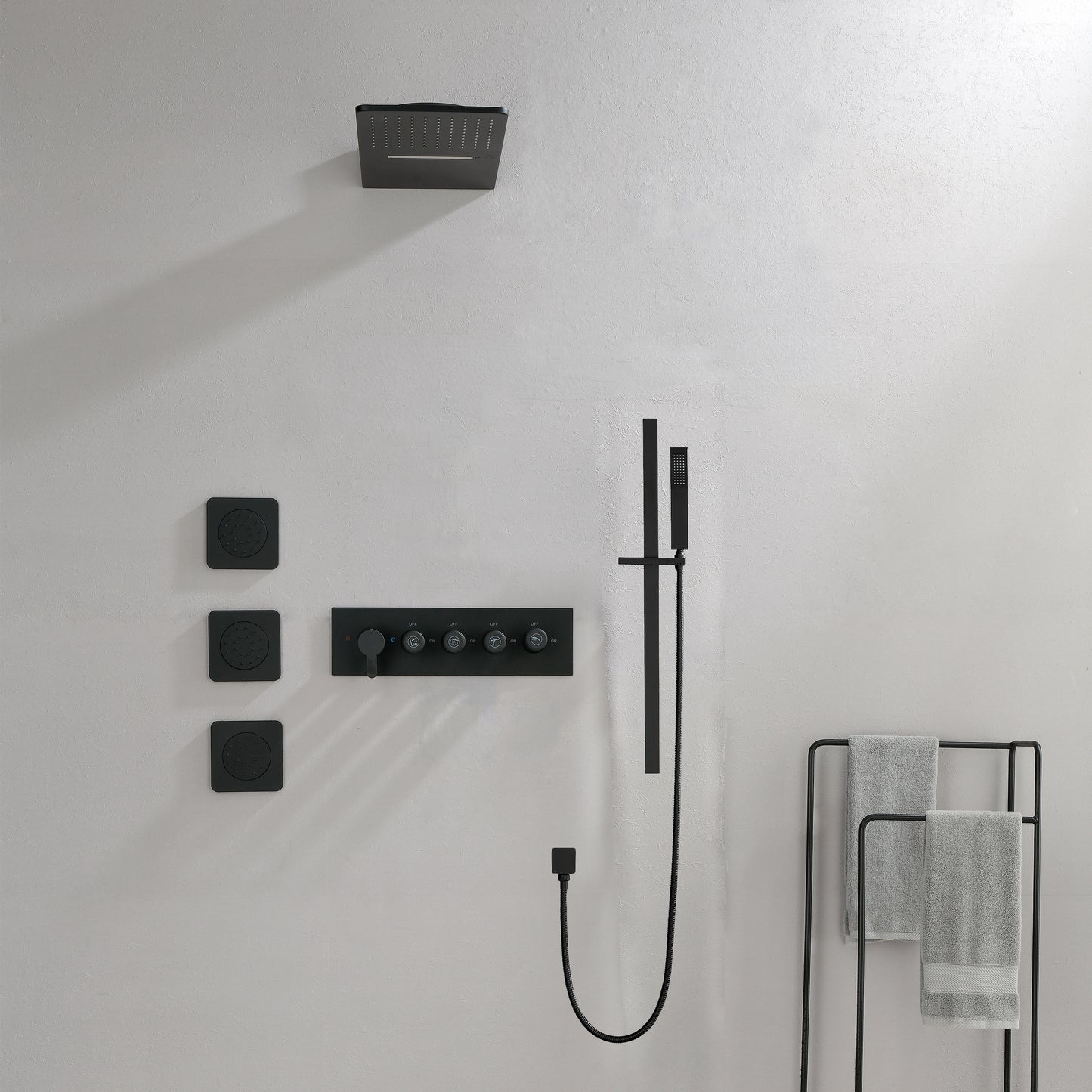 Shower System Square Bathroom Luxury Rain Mixer Shower Combo Set Pressure Balanced Shower System with Shower Head, Hand Shower, Slide Bar, Shower Arm, Hose, and Valve Trim