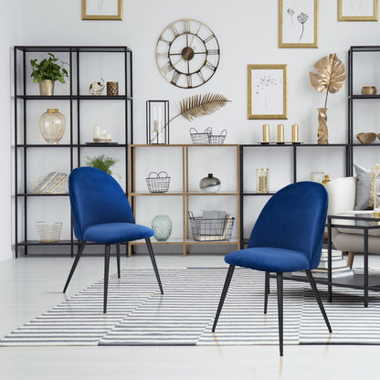 Dining Chair, Blue Velvet, Metal Black legs, Set of 2 Side Chairs