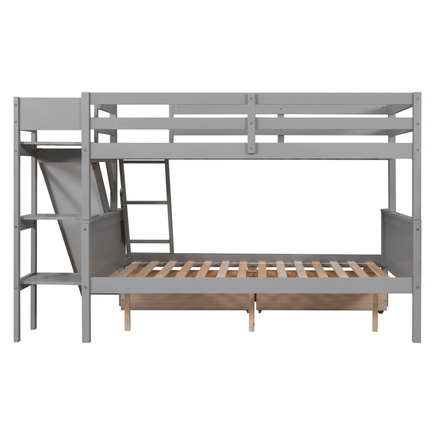 Twin over Full Bunk Bed with 2 Drawers,Slide,Shelves Gray