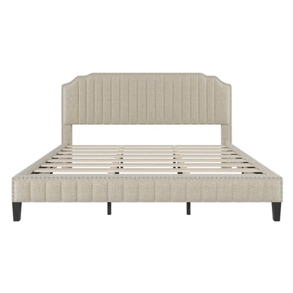 Modern Linen Curved Upholstered Platform Bed , Solid Wood Frame , Nailhead Trim, Cream (King)