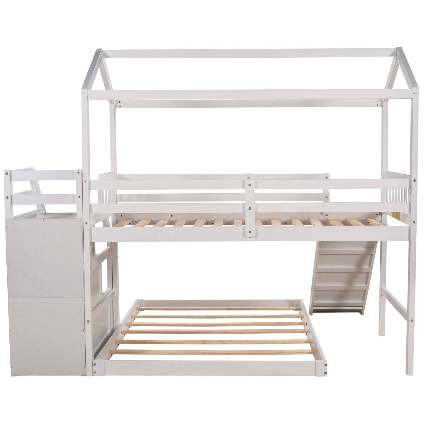 Twin over Full House Bunk Bed with Convertible Slide and Storage Staircase,Full-Length Guardrail,White