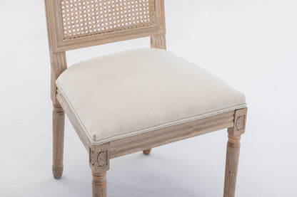 French Style Solid Wood Frame Linen Fabric Antique Painting Rattan Back Dining Chair ,Seat of 2,Cream