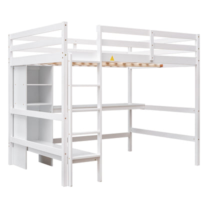 Full Size Loft Bed with Multifunction Shelves and Under-bed Desk, White