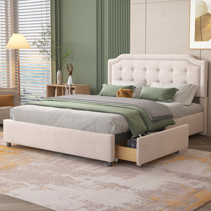 Upholstered Platform Bed with Classic Headboard and 4 Drawers, No Box Spring Needed, Velvet Fabric, Queen Size Beige