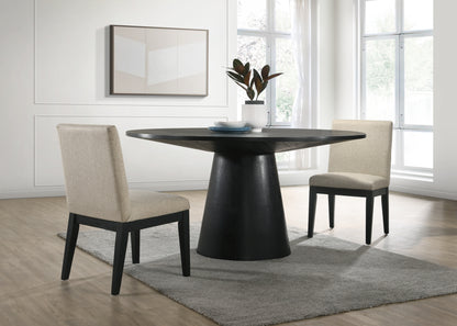 Jasper Ebony Black 3 Piece 59" Wide Contemporary Round Dining Table Set with Beige Fabric Chairs