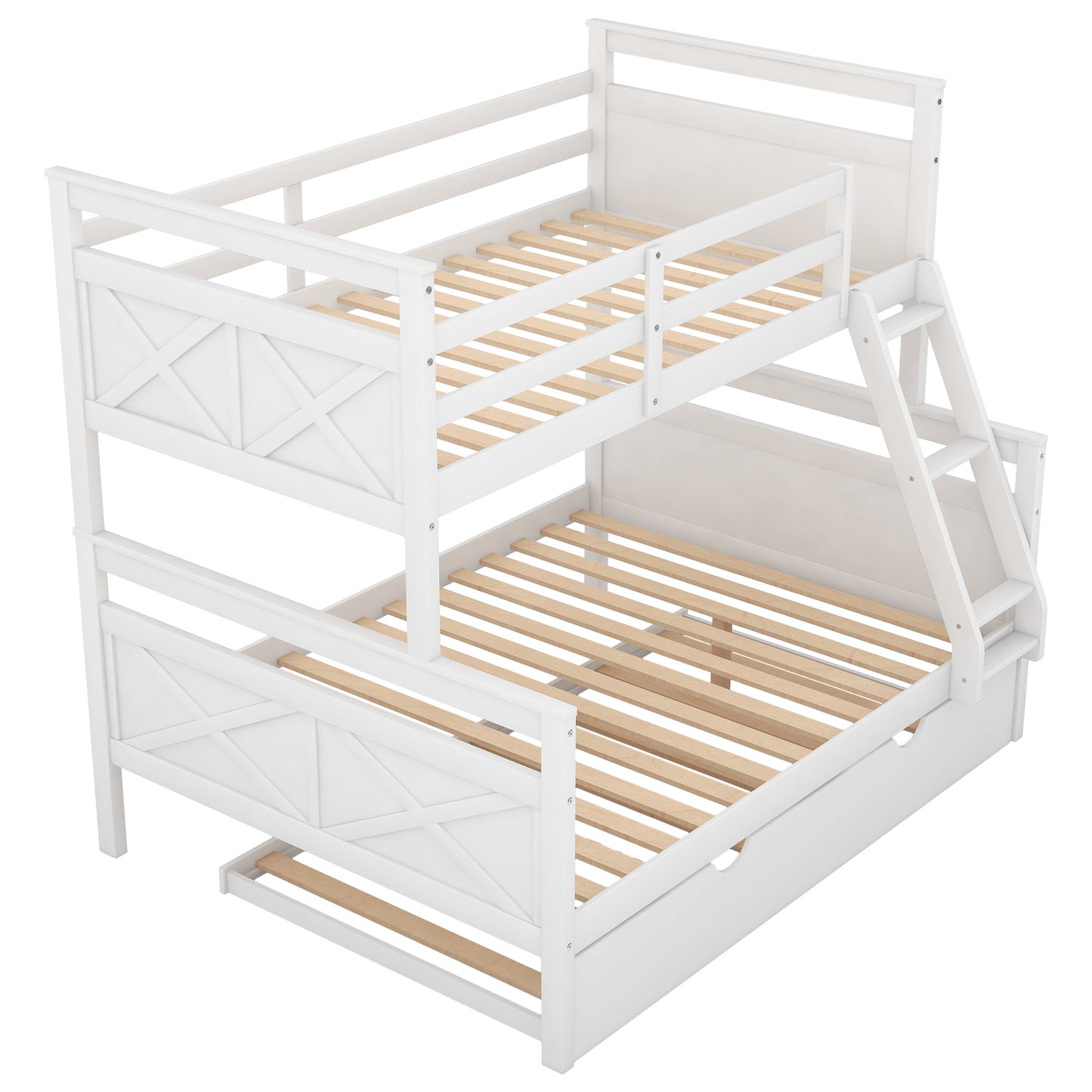 Twin over Full Bunk Bed with Ladder, Twin Size Trundle, Safety Guardrail, White