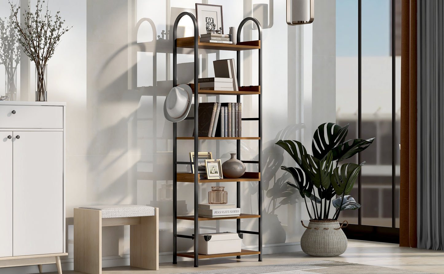 70.8 Inch Tall Bookshelf, 6-tier Shelves with Round Top Frame, MDF Boards, Adjustable Foot Pads, Brown