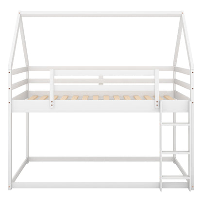 Twin over Twin Low Bunk Bed, House Bed with Ladder , White(OLD SKU:WF197808AAK)